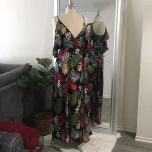 Deep V ruffle shoulder maxi dress
